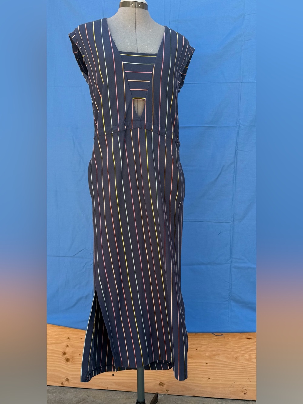 Marine Layer Navy Blue Midi Dress with Multicolor Pinstripes